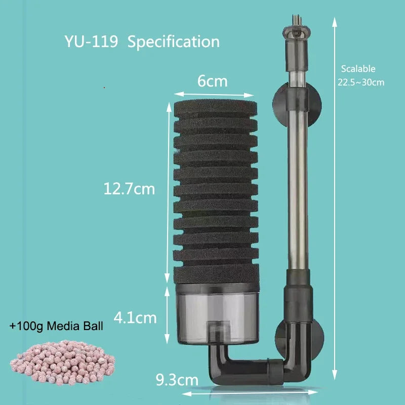 YU-119 Scalable biochemical sponge filter with a 6cm cylindrical body and various sized media balls.