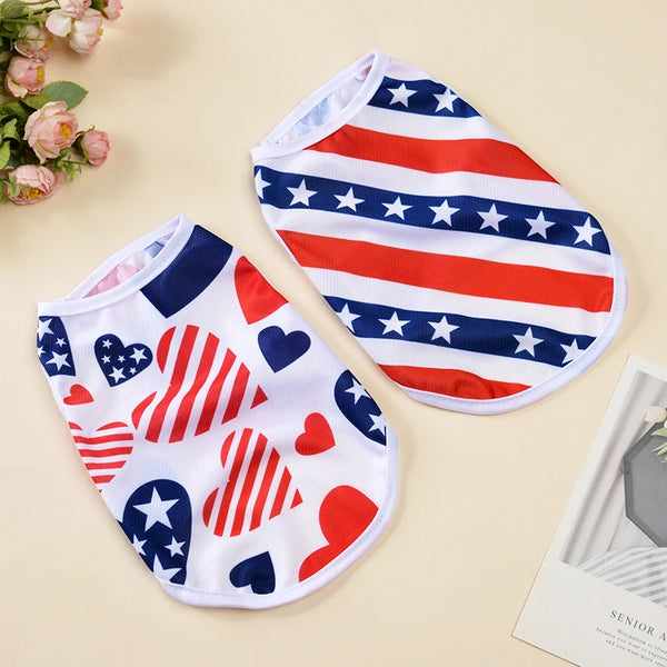 A patriotic Independence Day dog vest featuring red, white, and blue stripes and stars for a small dog.