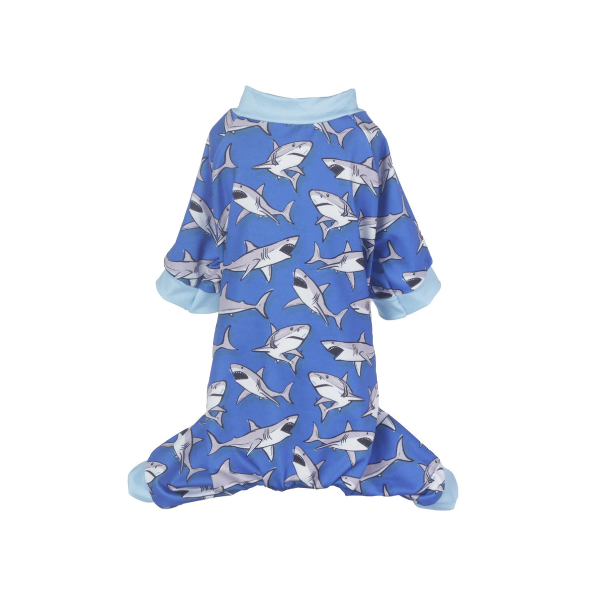 Blue and gray animal print dog jumpsuit onesie for small breeds