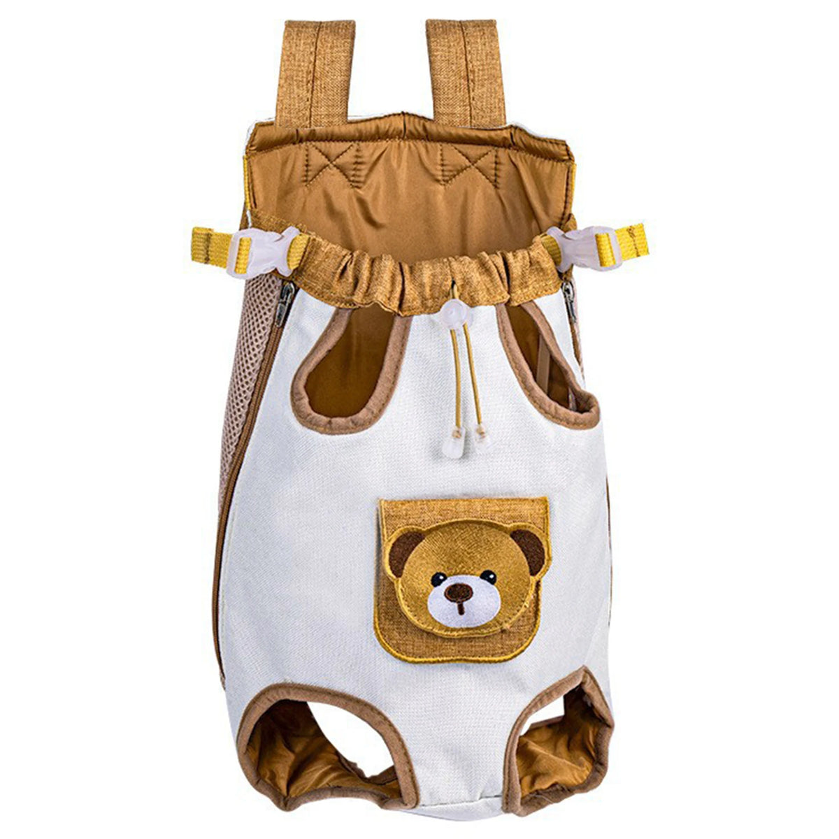 A beige and white breathable mesh backpack carrier for cats and small dogs with a bear face design.