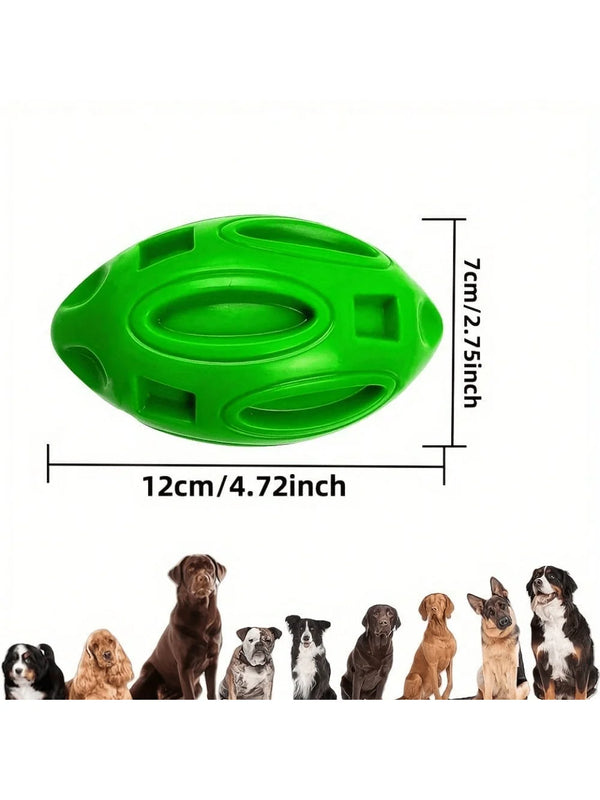 A bright green indestructible squeaky rugby ball dog chew toy with dimensions 7cm/2.75inch by 12cm/4.72inch shown next to var