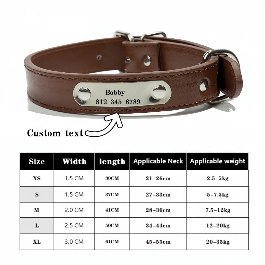 Brown PU leather dog collar with a silver engraved nameplate and buckle, shown flat.