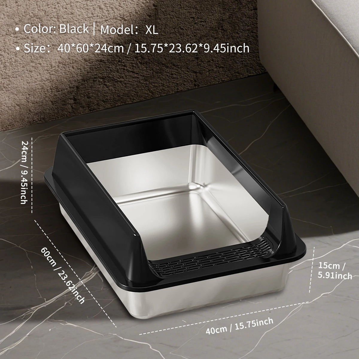 Black stainless steel cat litter box with low entry shown on a marble surface