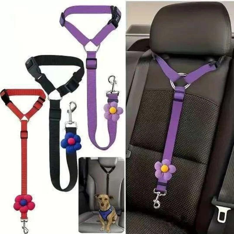 Adjustable pet car seat belt with purple and floral accents shown next to a dark car seat.