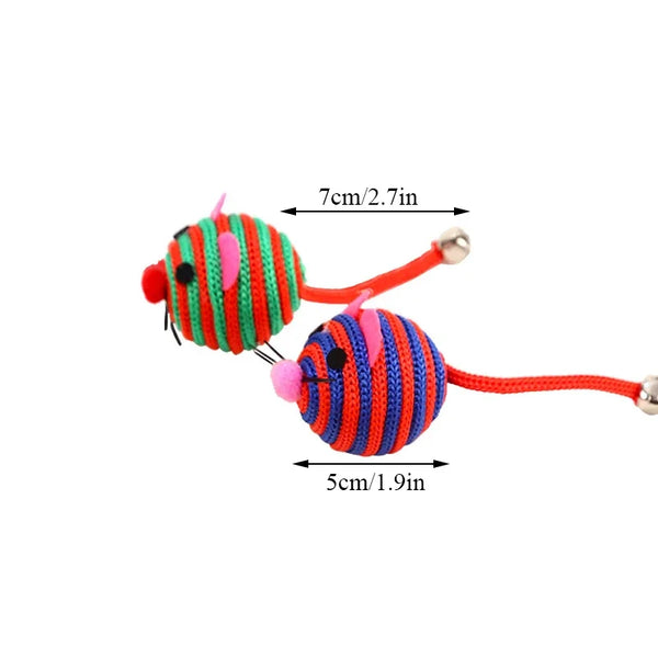 A colorful cat rope mouse toy with a jingle bell, featuring striped orange, green, and pink yarn.