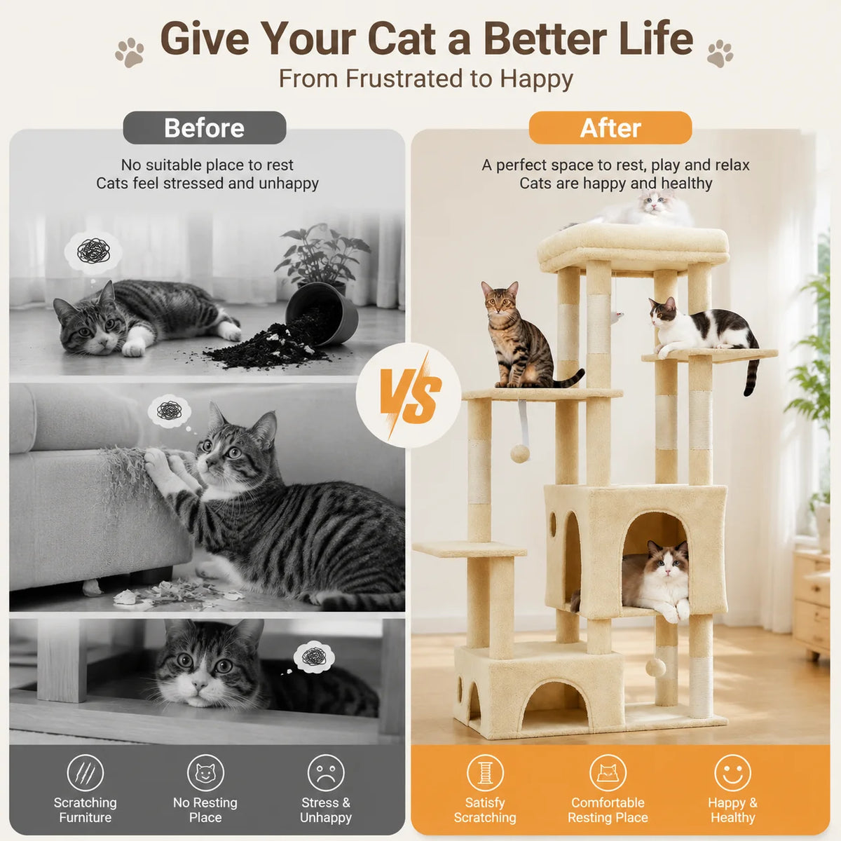 A cat tree tower with multiple levels, scratching posts, and cozy condos for a cat.
