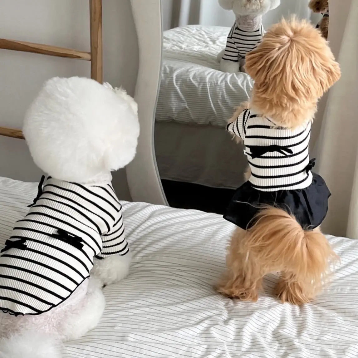 Striped Bow Accent Dog Dress with Flutter Sleeves for Small Breeds