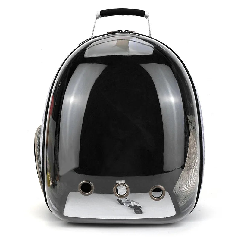 A black portable backpack designed for pets, featuring a clear window and a handle.