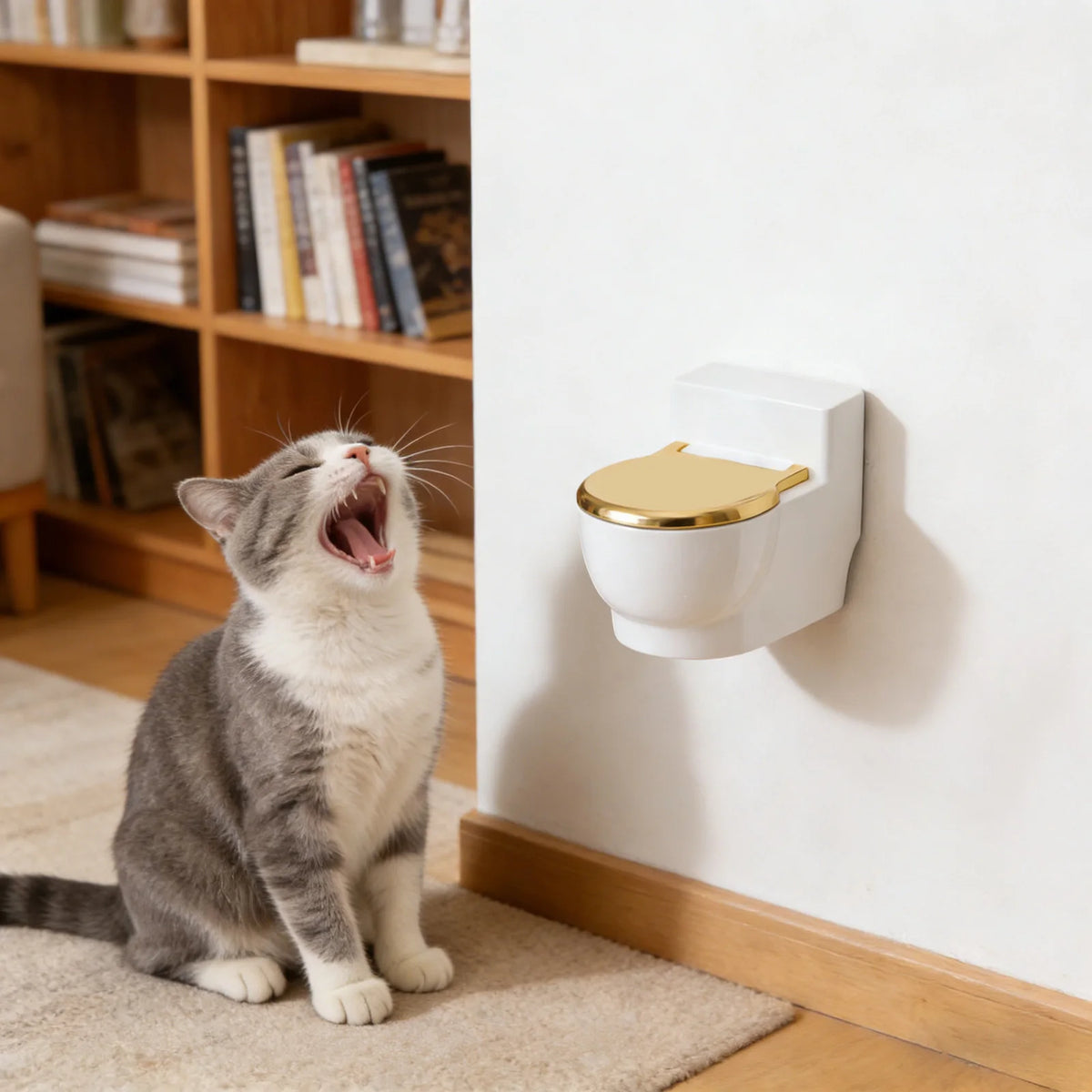 A funny toilet-shaped cat water bowl with a gold lid mounted on a white wall.