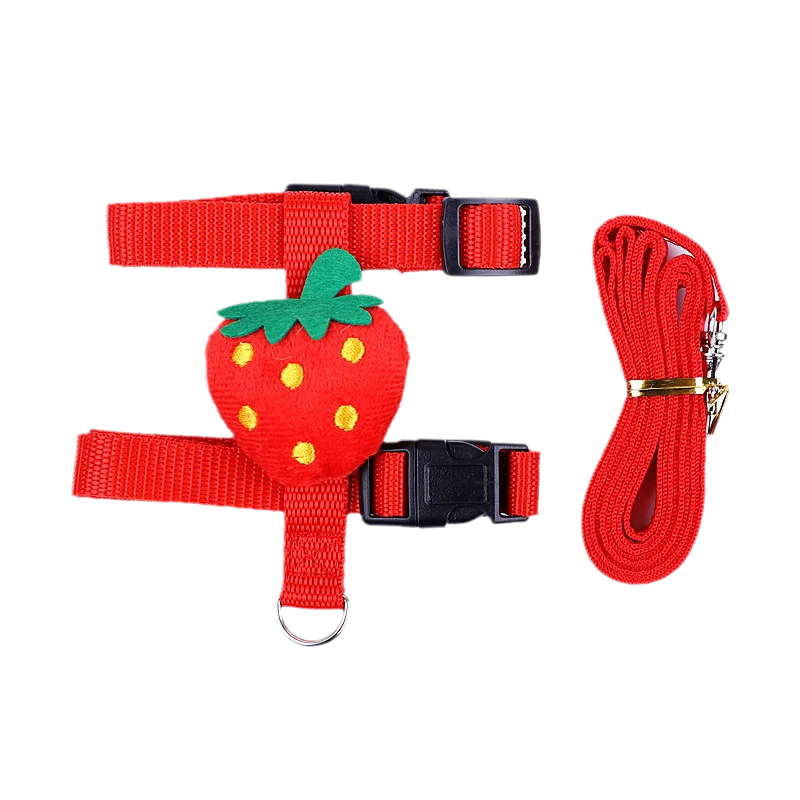 Red cartoon strawberry harness and leash set with adjustable straps for small animals