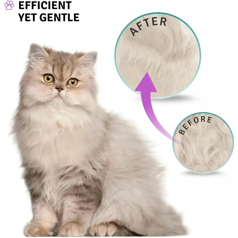 A fluffy gray cat shows a before and after comparison of fur dematting using a rake comb.