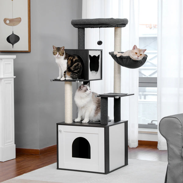 A wooden cat tower with a litter box enclosure and scratching posts is shown in a modern living room setting.