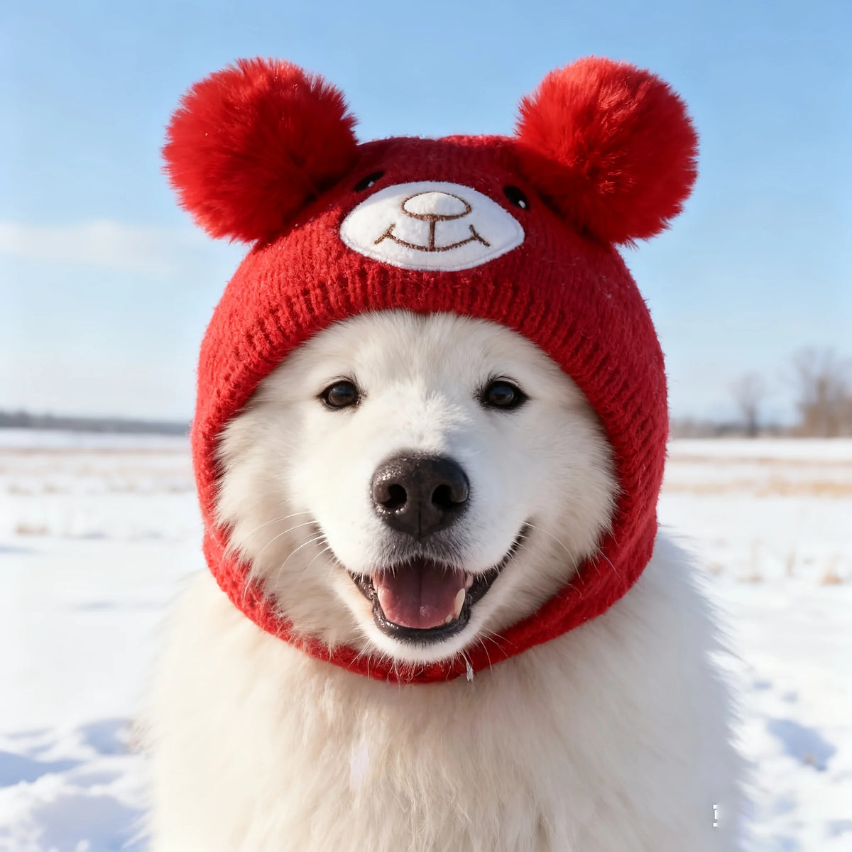 A white dog wearing a red knitted winter hat with bear ears against a snowy outdoor background.