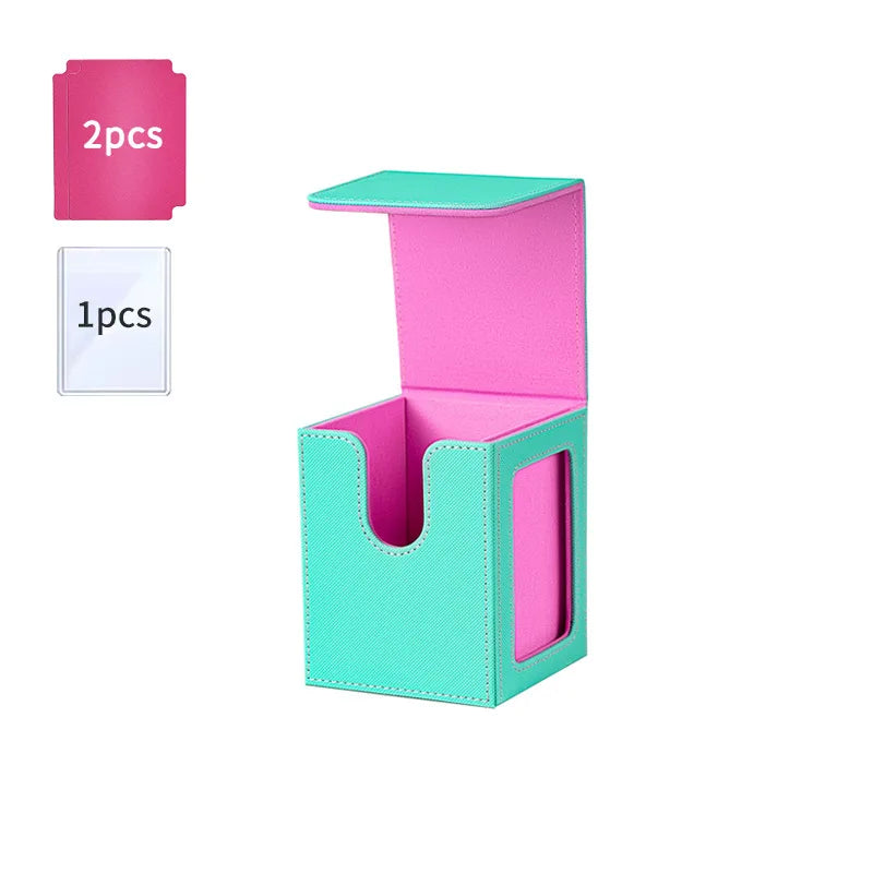 A pink and mint green PU leather magnetic card deck box with a display window, shown next to two individual pieces.