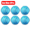 Six blue reusable lint filter balls used for laundry