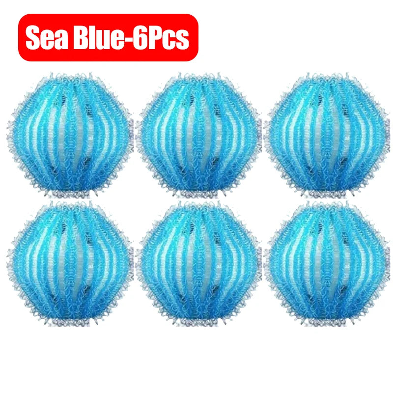 Six blue reusable lint filter balls used for laundry