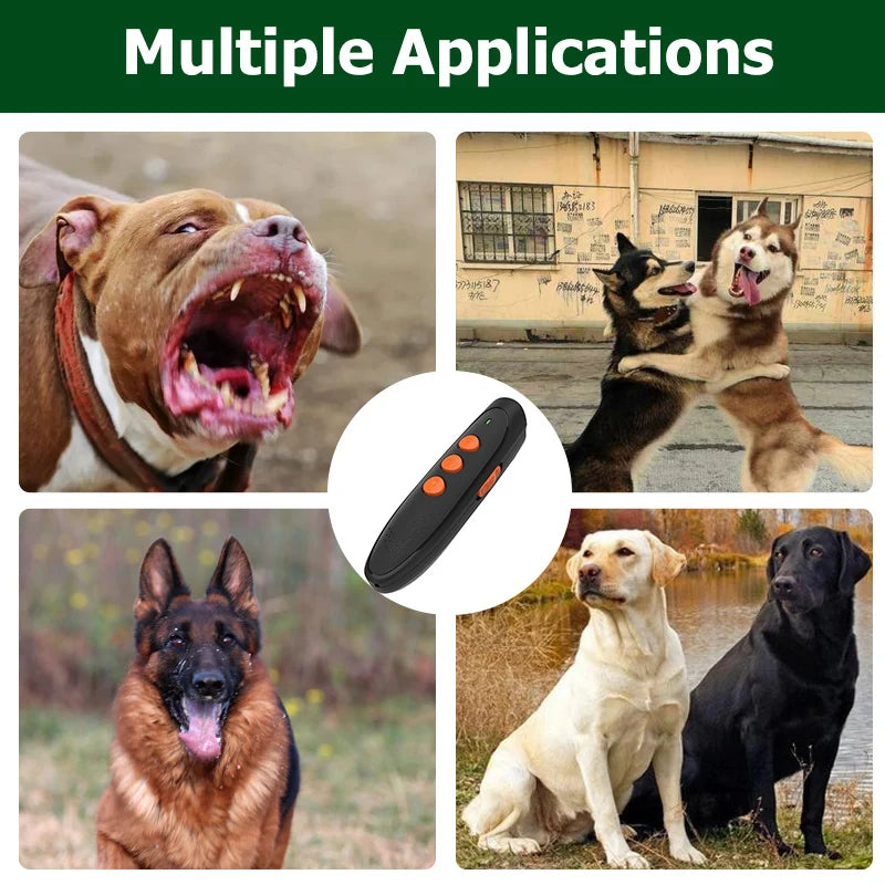A collection of dogs and a black electronic device used as a dog bark deterrent.