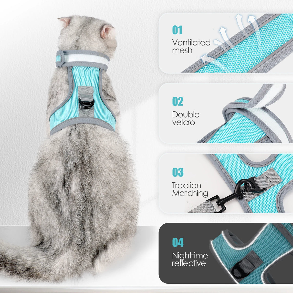 A gray cat wearing a light blue harness with mesh and reflective features.