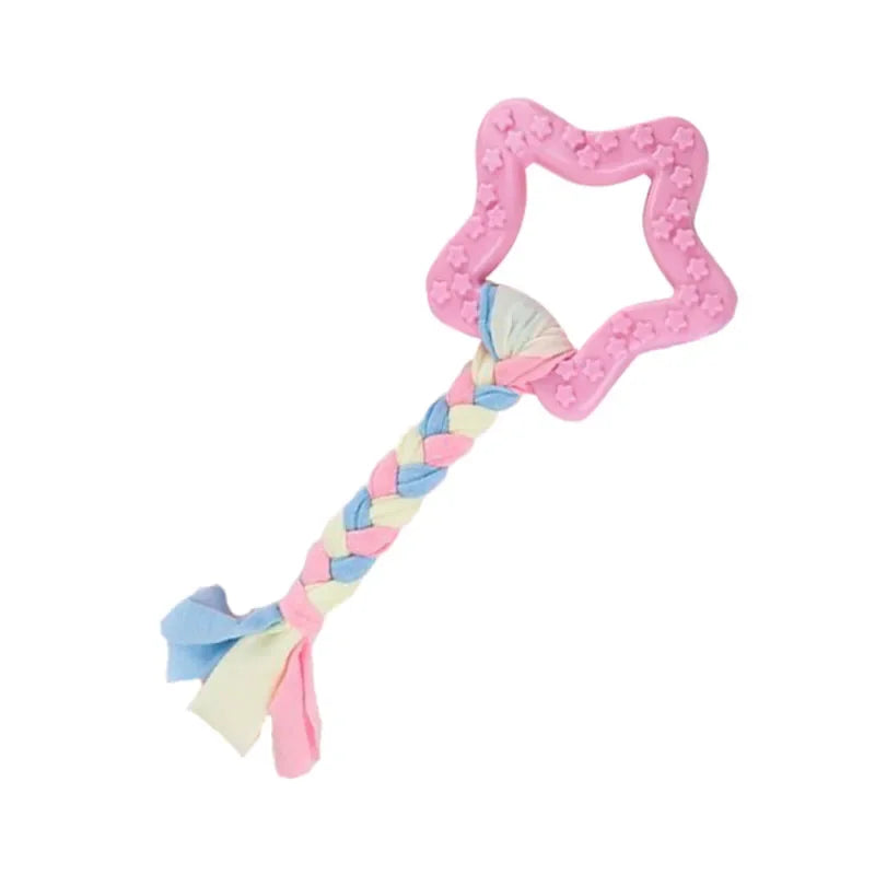 Pink textured dog chew toy with a braided pink and white cord