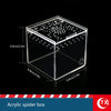 A clear acrylic spider box with a lid, showing a grid of small holes for an insect habitat.