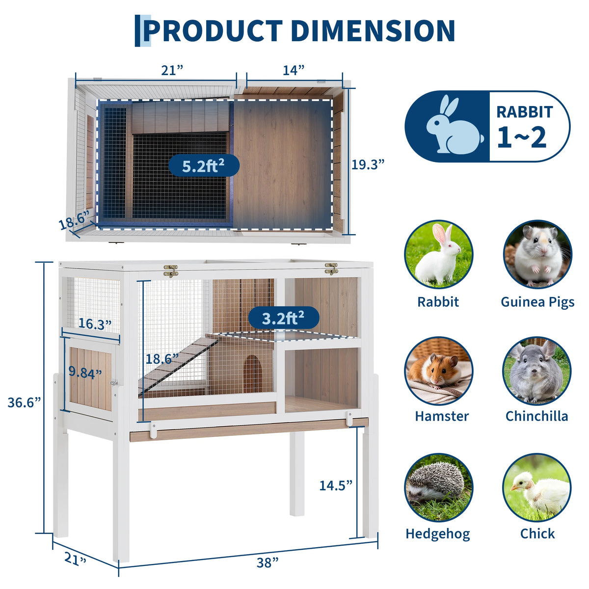 Wooden 2-Story Small Pet Cage with Stand, Ramp, and Hideout