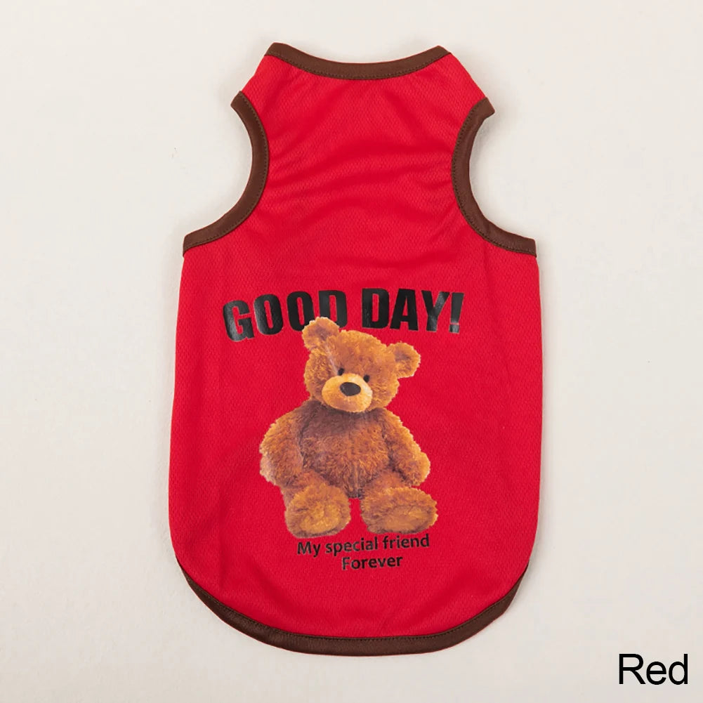 A red pet vest with a cartoon bear print featuring the text Good Day Forever