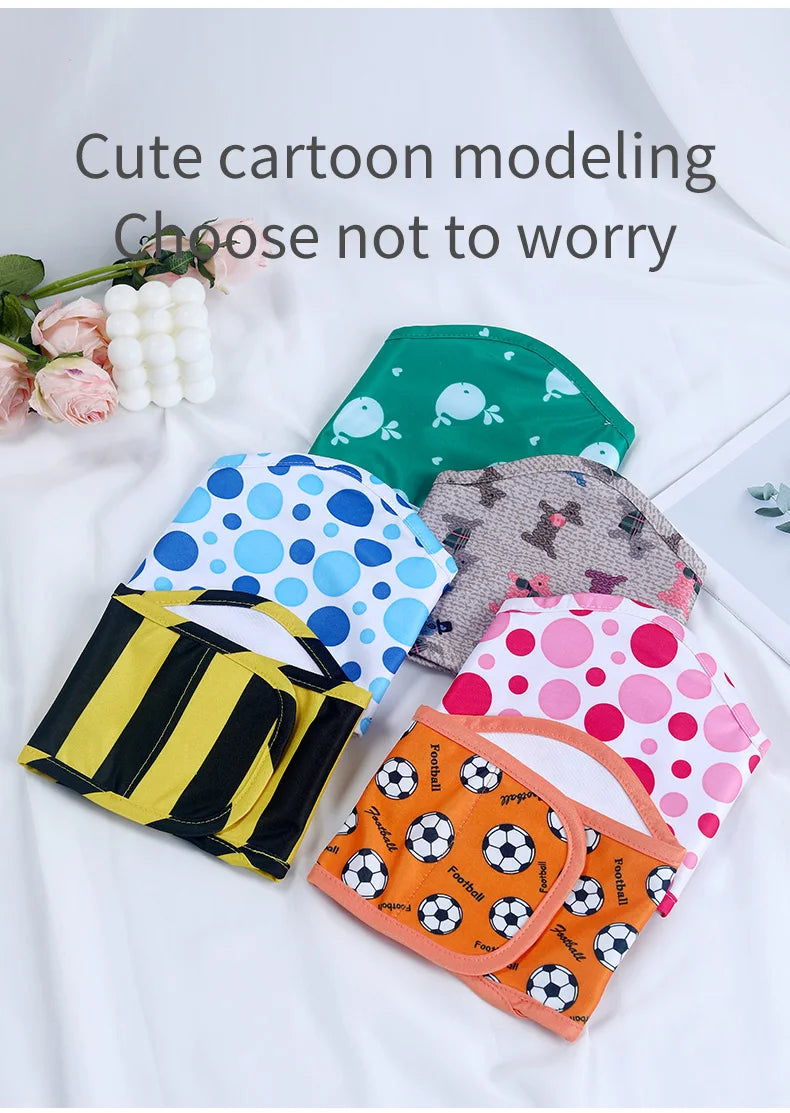 A collection of cute cartoon modeling reusable male dog sanitary pants in various colors and patterns.
