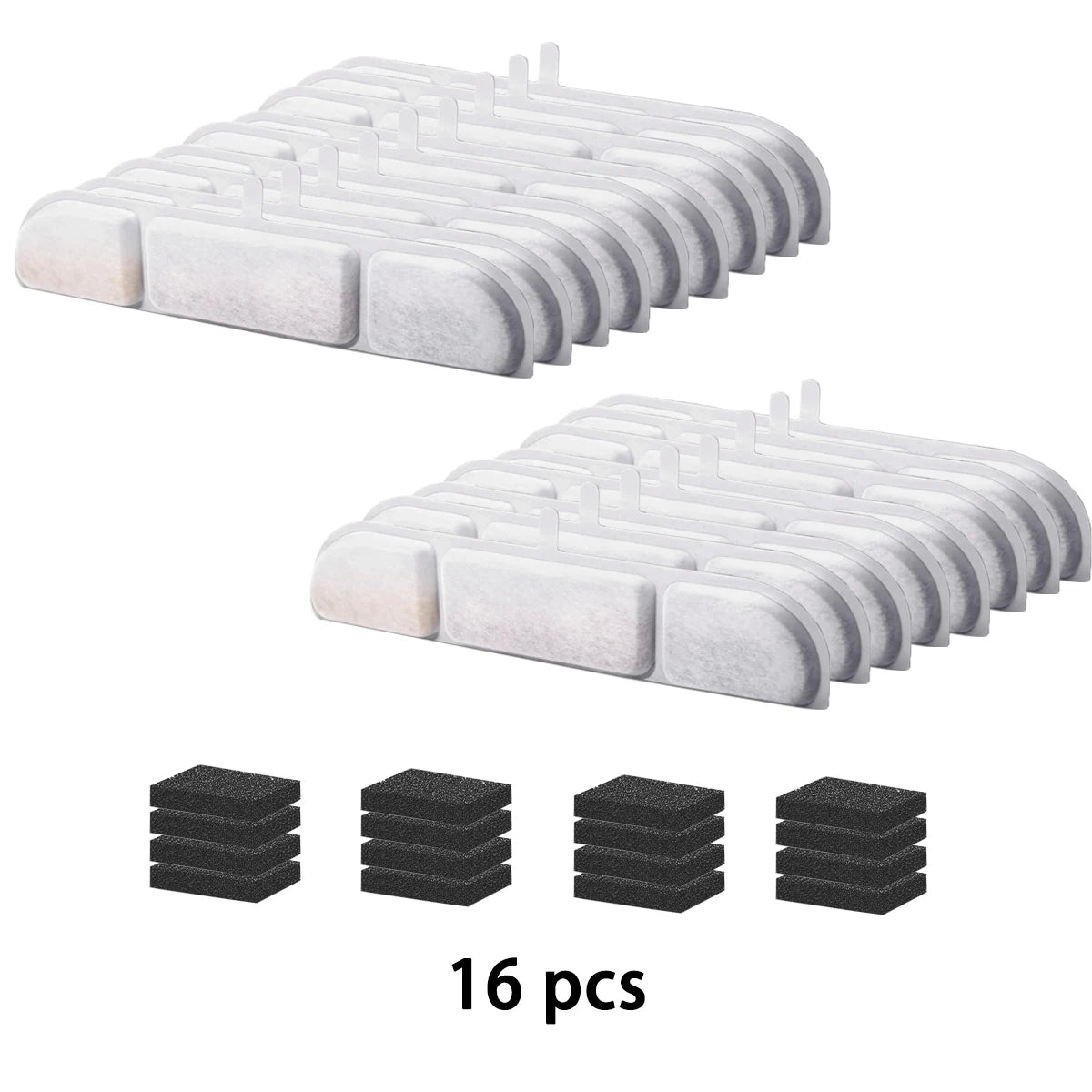 A set of 16 black activated carbon replacement filters for pet water fountains, shown in various stacked arrangements.