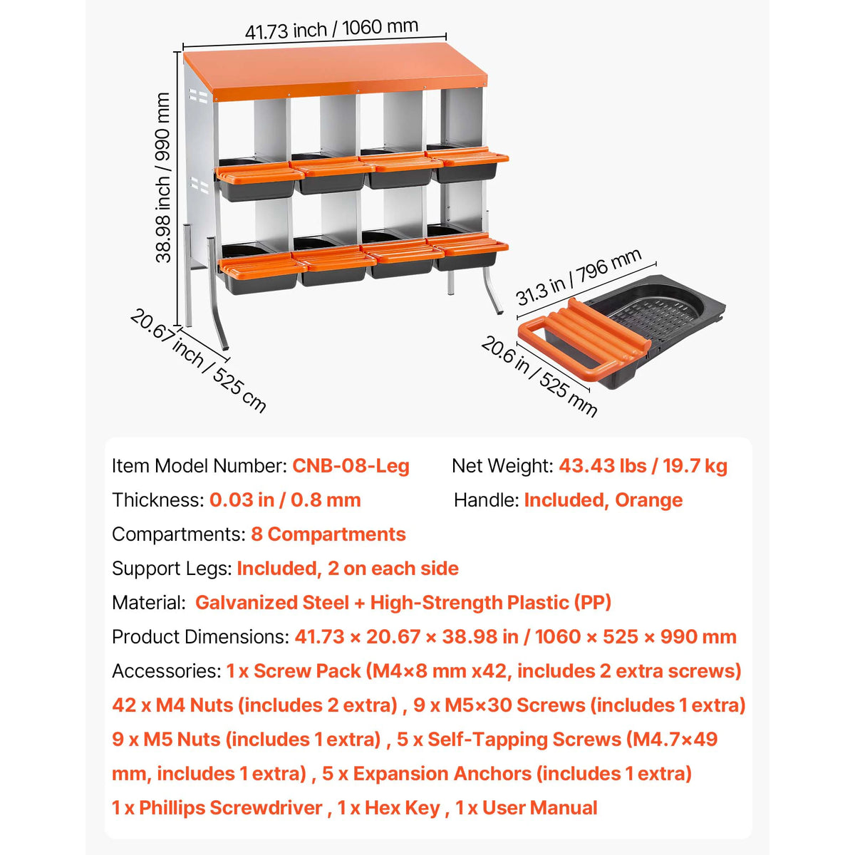 An orange galvanized steel chicken nesting box with an egg collection tray and various hardware components.