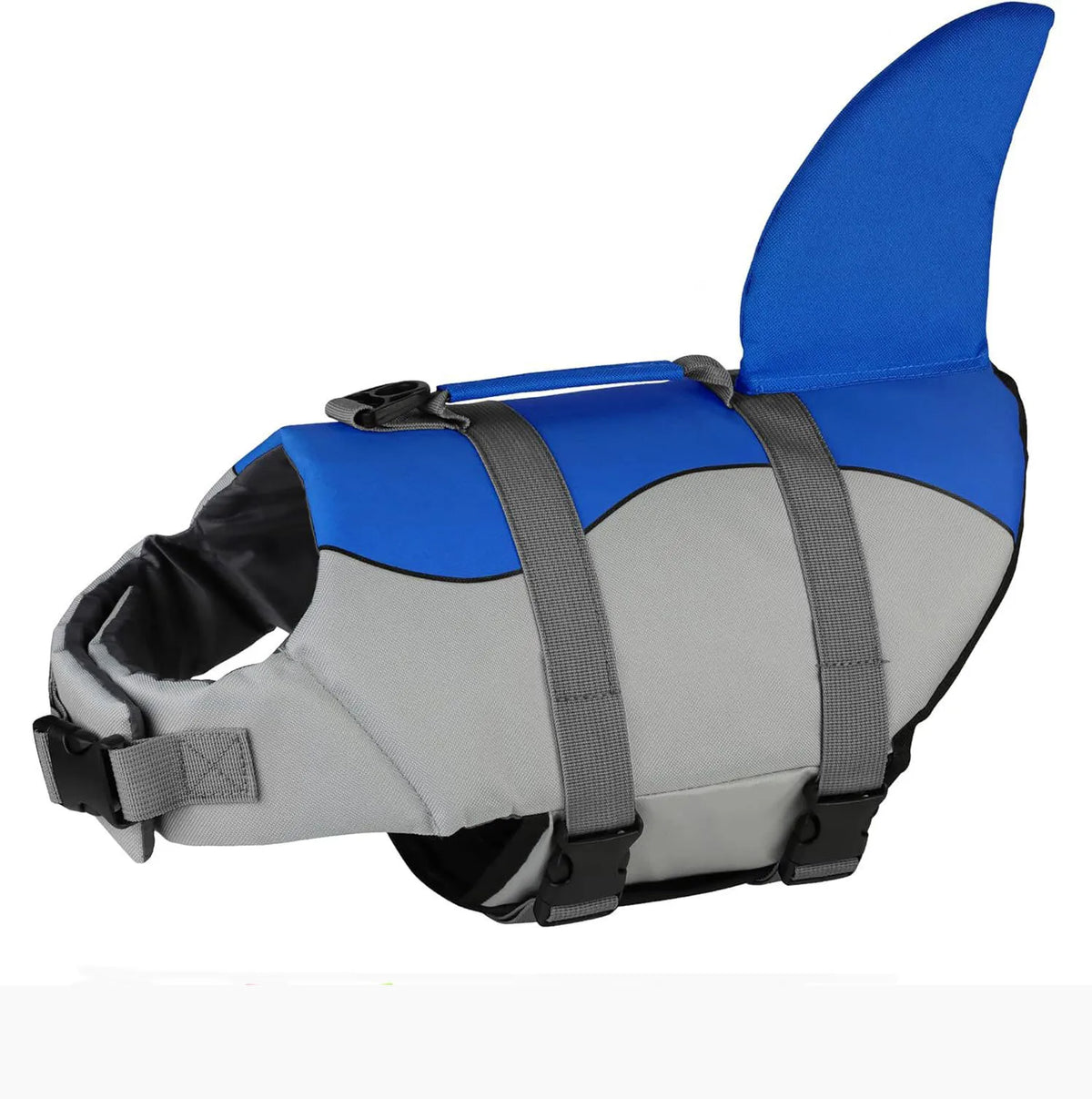Blue and gray dog life jacket for swimming with a finned tail visible from the side.