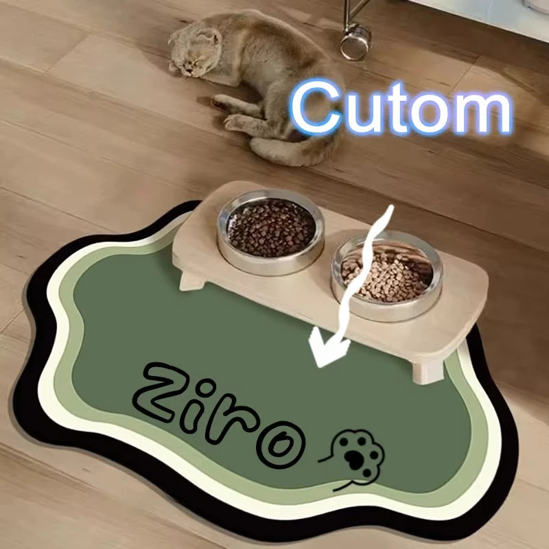 A pet feeding mat with a non-slip base is shown on a wooden floor, featuring a bowl of food and the word Ziro.
