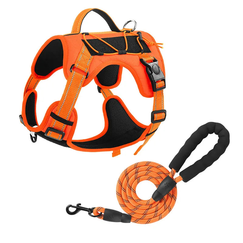 Orange tactical dog harness with reflective trim and coiled leash