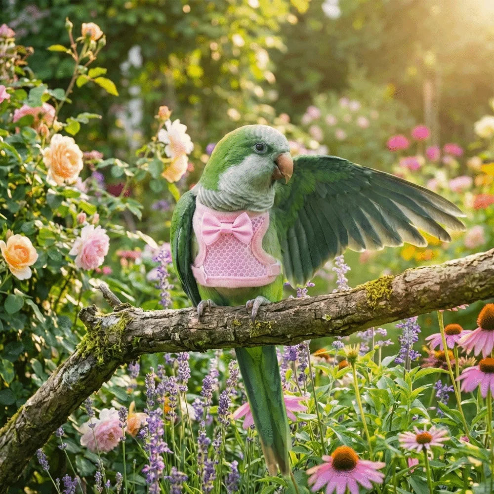 A green parrot with pink wings perches on a branch amidst a garden of flowers.