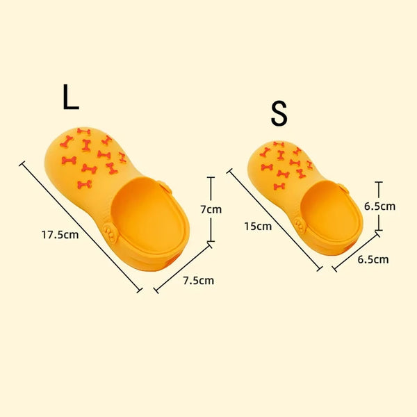 Two yellow rubber chew toys for dogs, labeled L and S sizes, showing different dimensions.