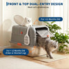 A stainless steel enclosed litter box for cats with a front and top dual-entry design shown in a home setting.