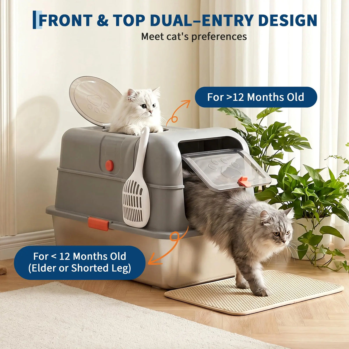 A stainless steel enclosed litter box for cats with a front and top dual-entry design shown in a home setting.
