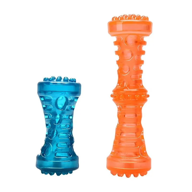 An orange and blue squeaky rubber dog bone chew toy for teething and dental health.