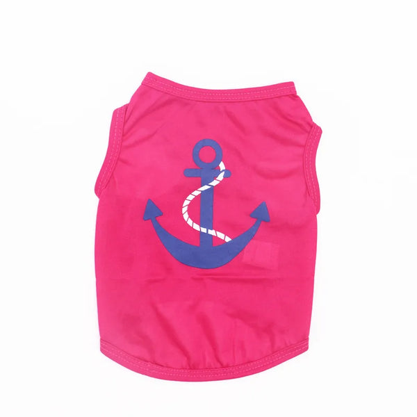 Pink breathable summer vest for a small dog featuring a blue anchor design