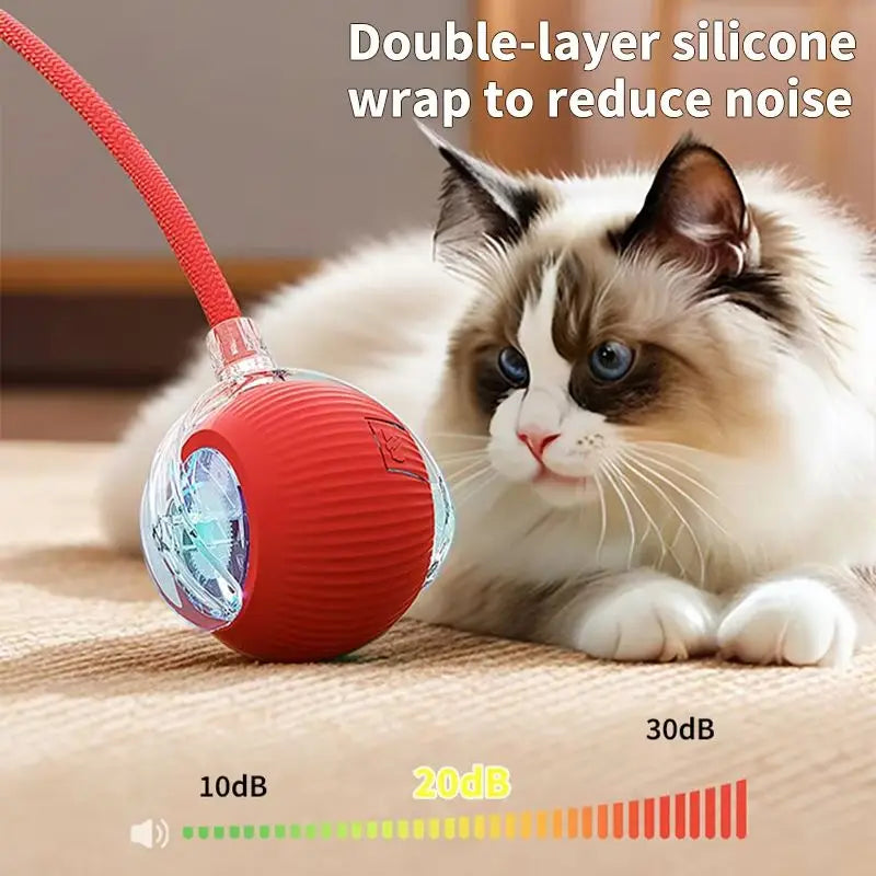 A fluffy cat is interacting with a red silicone wrap designed to reduce noise, shown next to a sound level indicator.