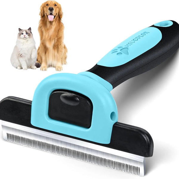 A blue and black double-sided pet grooming brush is shown next to a dog and a cat.