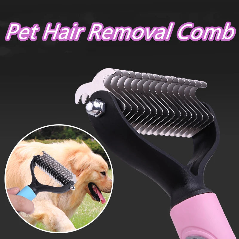 A close-up view of a pink pet hair removal comb with stainless steel bristles, shown next to a dog grooming.