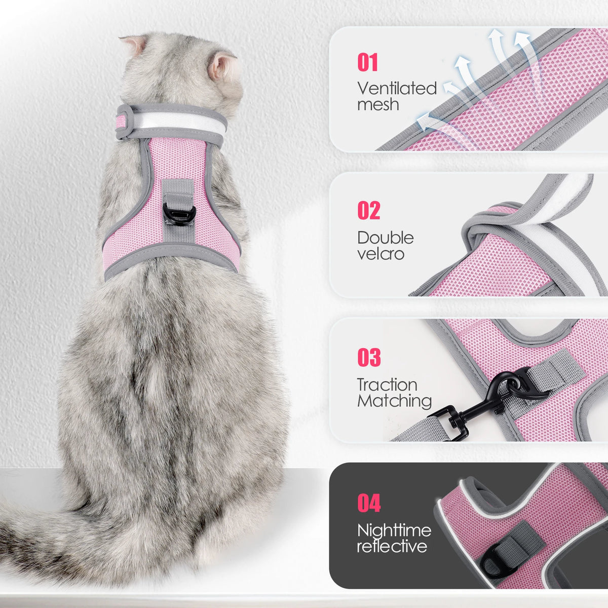 A gray cat wearing a pink harness with a black buckle, showing various features like ventilated mesh and traction matching.