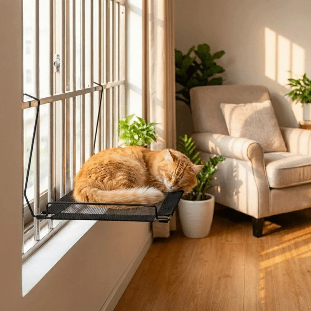 An orange tabby cat is resting on a black mesh hammock mounted in a window sill next to a beige armchair.