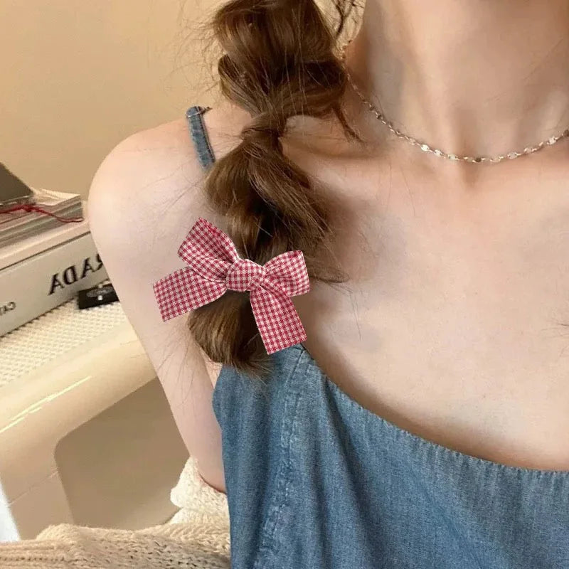 Red Plaid Fabric Bow Hair Clips for Girls