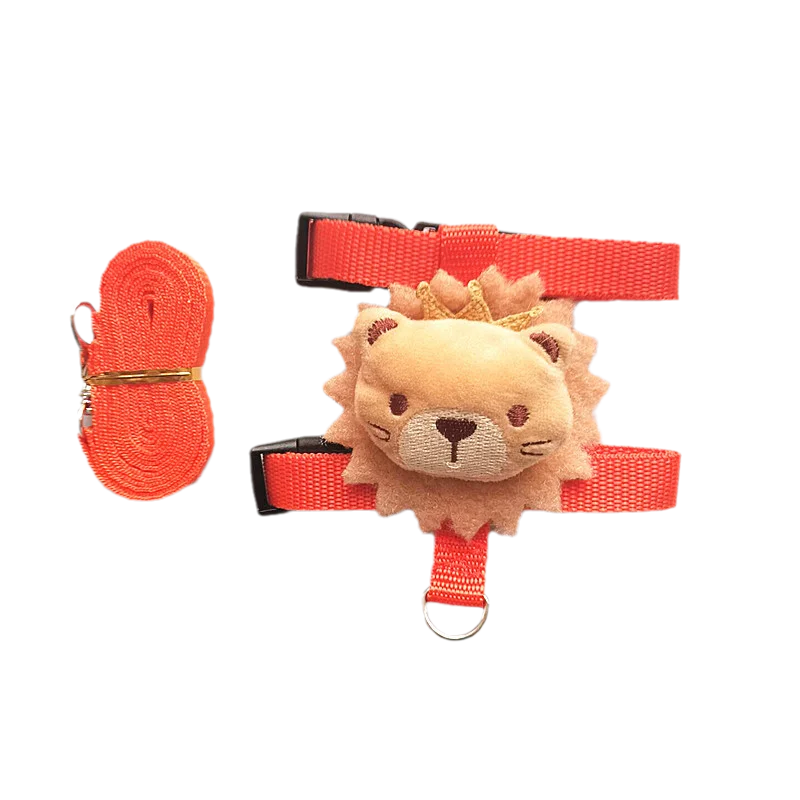 An orange cartoon lion head harness and leash set for small pets.