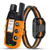 Collar de entrenamiento eléctrico naranja para perro con correa negra y hebilla cuadrada negra.