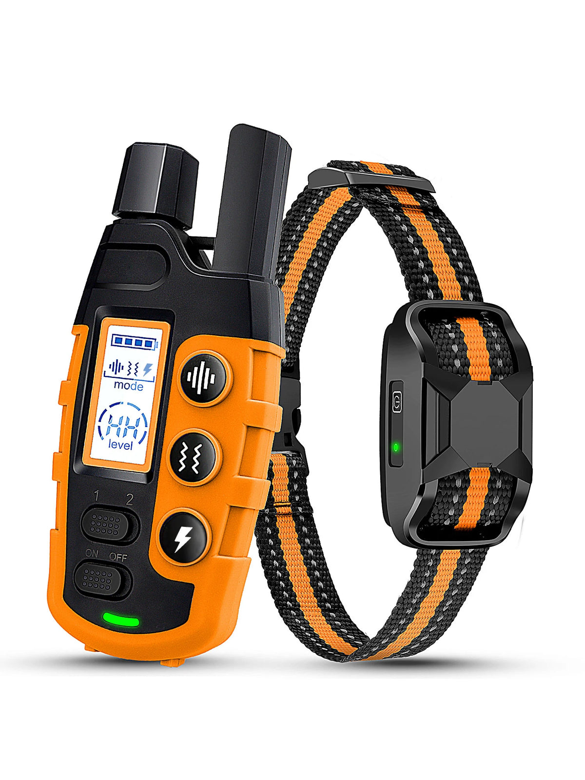 Collar de entrenamiento eléctrico naranja para perro con correa negra y hebilla cuadrada negra.