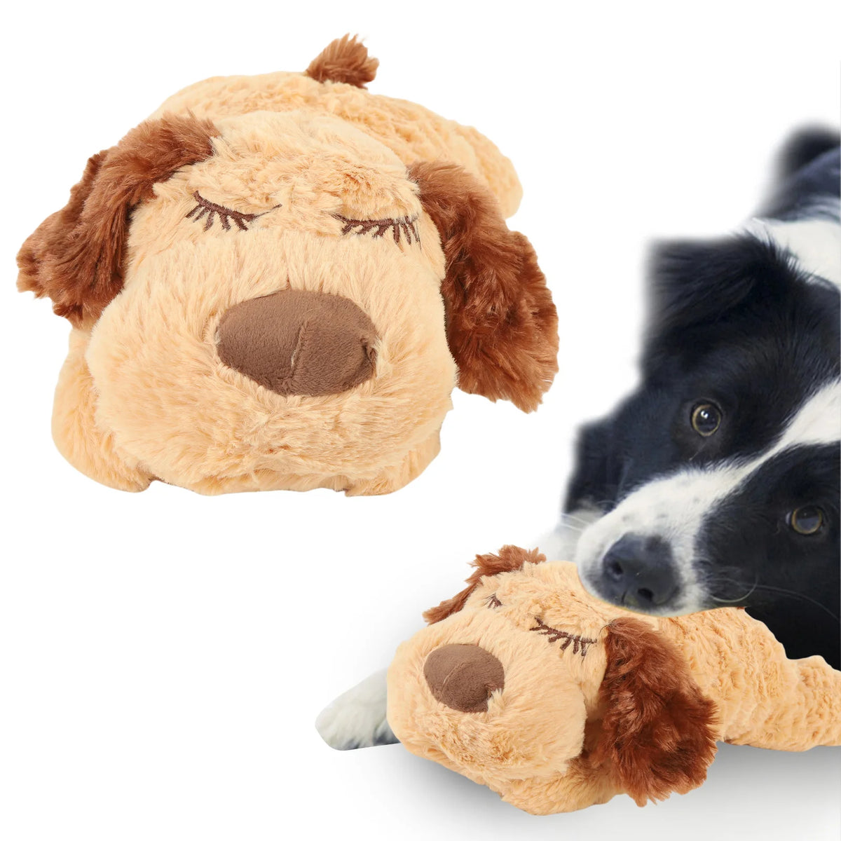 A soft, light brown stuffed animal resembling a dog's head with closed eyes and floppy ears.