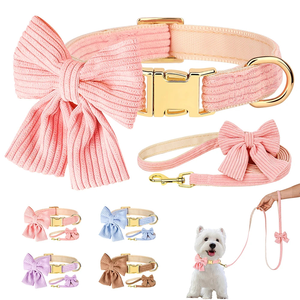 Pink velvet dog collar and leash set with bowknot featuring various styles of bows