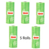 Five rolls of reusable pet poop bags in light green with red arrows indicating direction